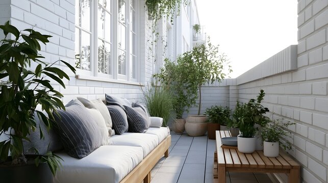 A serene white brick balcony furnished with a wooden daybed  cushions  and potted plants under soft daylight