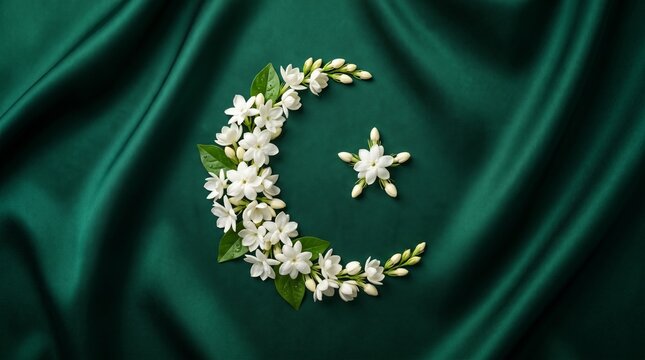 Crescent moon and star crafted from white jasmine flowers on dark green silk fabric