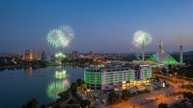 Fireworks display over Islamabad cityscape with Centaurus Mall and Faisal Mosque at dusk