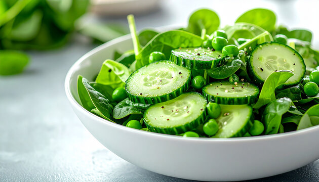 Fresh chopped green salad in white bowl, cucumber slices, tender spinach leaves and peas, appetizing healthy vegan meal, softly blurred cafe background, tasty food.