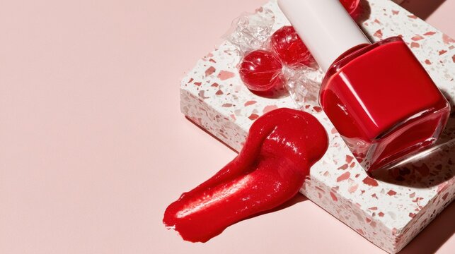 Vibrant red nail polish bottle and smear on terrazzo surface with wrapped candies
