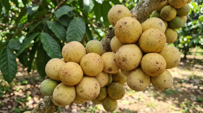 Duku langsat fruit cluster growing along tree branch