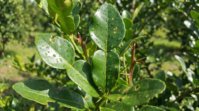 Daun Jeruk Purut or Kaffir lime leaves on shrub branch showing distinctive double-lobed shape