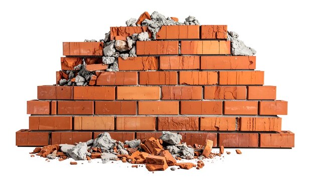 Red brick wall fragment with a large broken area showing gray cement and rubble, isolated on white background