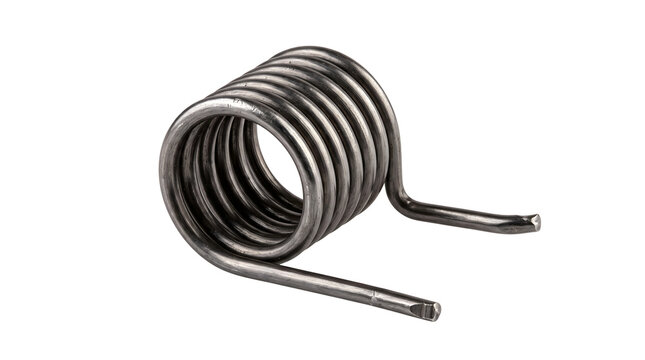 Metal torsion spring with coiled wire provides mechanical tension for various devices.