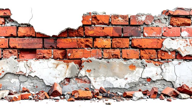 Weathered red brick wall with cracked mortar, exposed concrete, and fallen brick fragments, white background