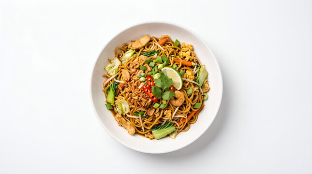 Top view authentic mie goreng isolated on white background for restaurant menus, food blogs, advertising campaigns, and culinary publications.