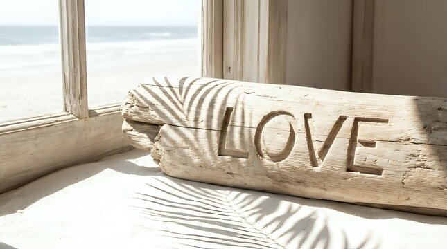 Wooden log with love carved text casting shadow near beach window