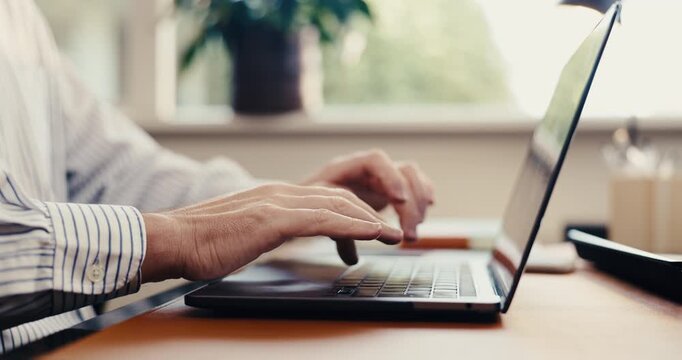 Typing, laptop and hands of business man for finance report, research and investment review. Remote work, home office and person on computer for financial proposal, budget planning and online audit