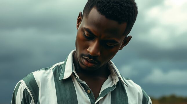  Portrait of a young Black man in a striped shirt looking down against a stormy sky