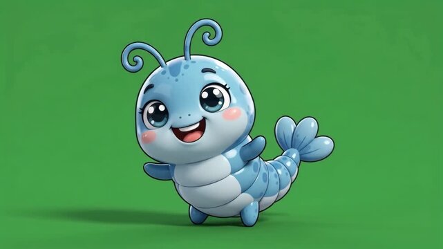 Cute blue cartoon caterpillar character with big eyes and a happy smile, standing on a green background, looking adorable and friendly.
