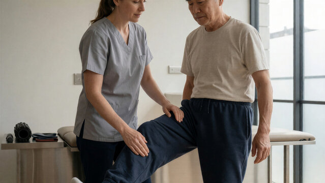 Eine Physiotherapeutin unterst&uuml;tzt einen &auml;lteren Patienten bei einer sanften Bewegungs&uuml;bung f&uuml;r das Bein.