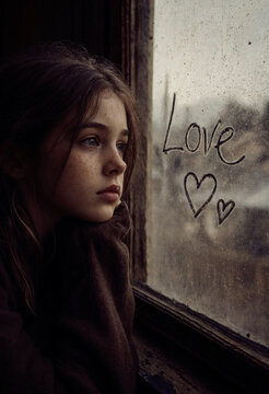 Sad young girl looking out a dusty window with a love graffiti inscription and hearts