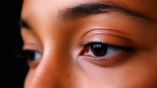 Close-up of young woman&rsquo;s eyes with natural makeup and dark lashes  