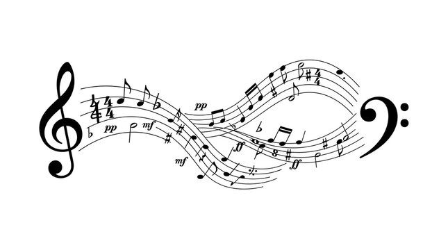 Abstract musical notation with treble and bass clef, artistic music design composition