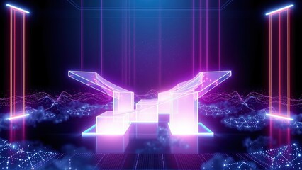 Naklejka premium Futuristic digital art. Glowing neon shapes form abstract structure over dark background. Lines create depth, texture.