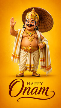 Smiling king mahabali holding an umbrella to joyfully celebrate happy onam the most popular south indian festival in kerala with grand pride