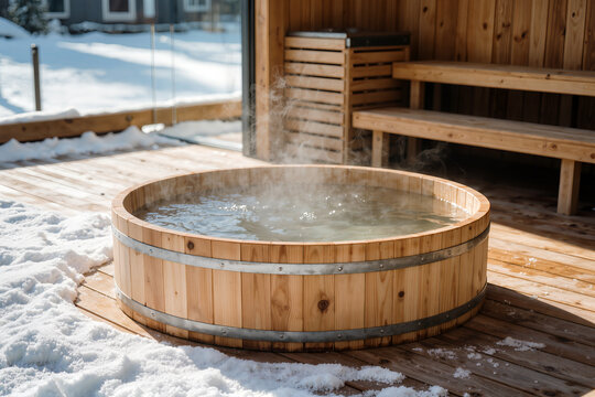Wooden cold plunge barrel with steam on a snowy terrace