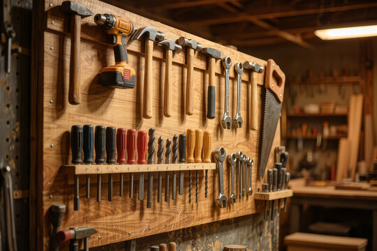 Community tool sharing wall with hand tools on a pegboard