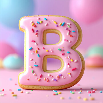 Large cookie-shaped letter B coated in pastel pink glaze and vibrant rainbow candy sprinkles, soft fluffy pastry, pastel blurred background, cheerful dessert. Tasty treat. Sweet food.