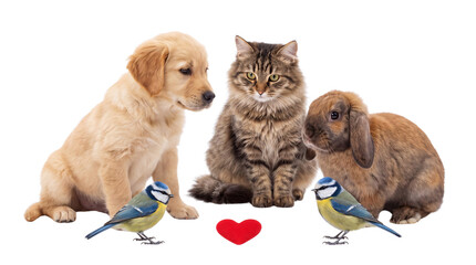 Adorable domestic pets group with golden retriever puppy, fluffy tabby cat, brown rabbit and blue tit birds, animal friendship concept isolated PNG with Transparent Background © HabibUllah