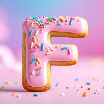 Large cookie-shaped letter F coated in pastel pink glaze and vibrant rainbow candy sprinkles, soft fluffy pastry, pastel blurred background, cheerful dessert. Tasty treat. Sweet food.