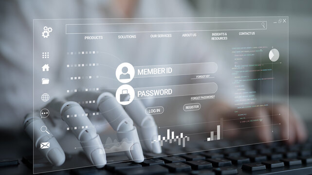 Futuristic Digital Interface Interaction with Robotic Hand Typing User Credentials on Keyboard for Access Management and Online Security Haptic.