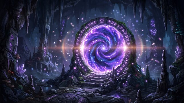 Glowing fantasy portal inside a dark crystal cave.