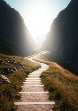 A winding path leading steeply upward toward a bright light and a clear summit, symbolizing achievement and a successful journey ,success ,goal ,peak