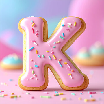 Large cookie-shaped letter K coated in pastel pink glaze and vibrant rainbow candy sprinkles, soft fluffy pastry, pastel blurred background, cheerful dessert. Tasty treat. Sweet food.