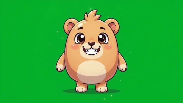 Cute cartoon bear character with a happy smile on a green screen background, perfect for animation and children's content.