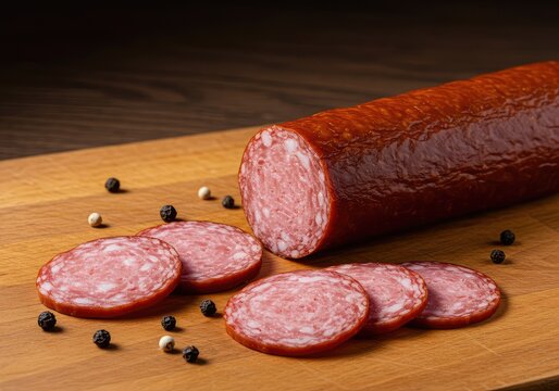 Delicious smoked sausage links displayed on a wooden surface, freshly sliced and ready for cooking or serving as appetizers ,cooking ,cutting board ,fresh
