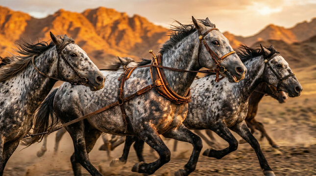 Zechariah's majestic vision of four chariots with red, black, white, and dappled horses charging out from between two solid bronze mountains