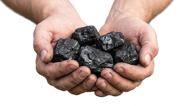 Coal chunks are held in a person's cupped hands against a plain white background.