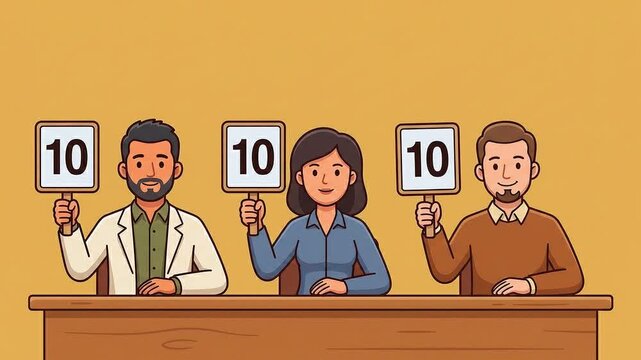 Three Cartoon Judges Holding Up Number 10 Score Signs Jury Panel Animation