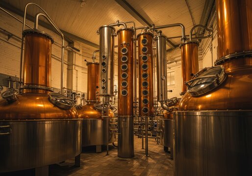 Gleaming polished copper pot stills towering high inside a historic production building. The massive equipment reflects warm, rich ambient light ,spirit ,production ,fermentation