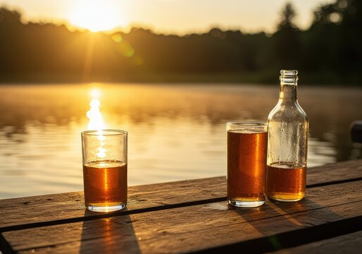 Hazy, golden hour light illuminating sweating beverage containers resting on rustic wooden planks near water, suggesting blissful intoxication ,Summer ,refreshment ,sunny