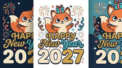 Fototapeta premium Cute Cartoon Fox Celebrating Happy New Year 2027 24.