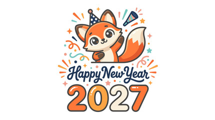 Fototapeta premium Cute cartoon fox celebrating Happy New Year 2027 33.