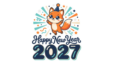 Naklejka premium Cute cartoon fox celebrating New Year 2027 with festive party hat.