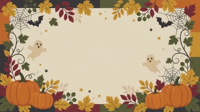 Autumn Halloween Frame Border Background with Pumpkins Ghosts Leaves Copy Space