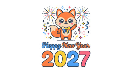 Fototapeta premium Cute Cartoon Fox Character Celebrating Happy New Year 2027 16.