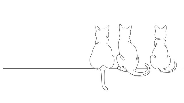 animated continuous line drawing of three cats sitting together in a row, viewed from behind, minimalist line art animation