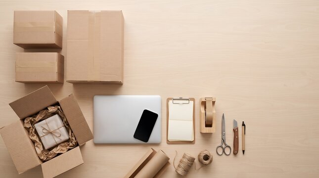 Top view of cardboard boxes and shipping supplies for e-commerce workflow on wooden desk.