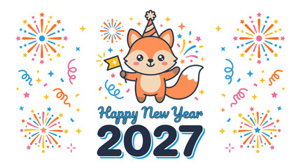 Fototapeta premium Cute cartoon fox wearing a party hat celebrating the new year 1.