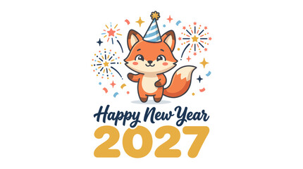 Fototapeta premium Cute cartoon fox wearing a party hat celebrating the new year.