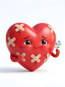 A cute red heart covered with bandages and holding a flower, representing emotional healing, recovery, hope, self love, resilience, and renewed affection.