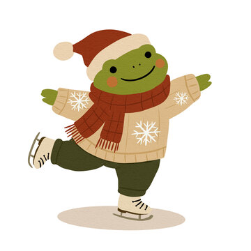 Funny frog character ice skating wearing warm sweater and Santa hat Illustration 