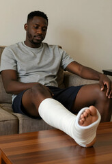 Naklejka premium Young african american man with a broken leg in a cast resting on a sofa at home, recovery and injury