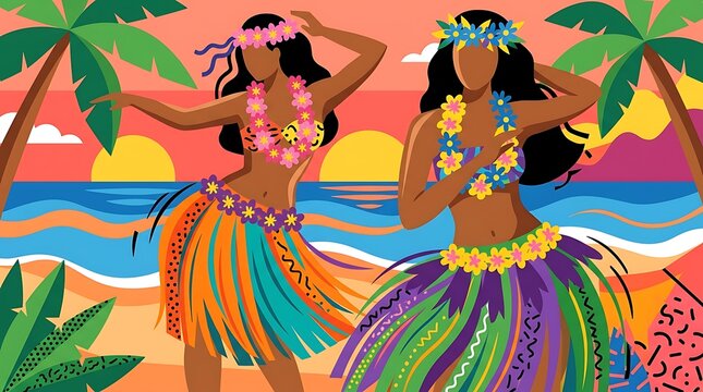 Two hula dancers performing on a tropical beach at sunset